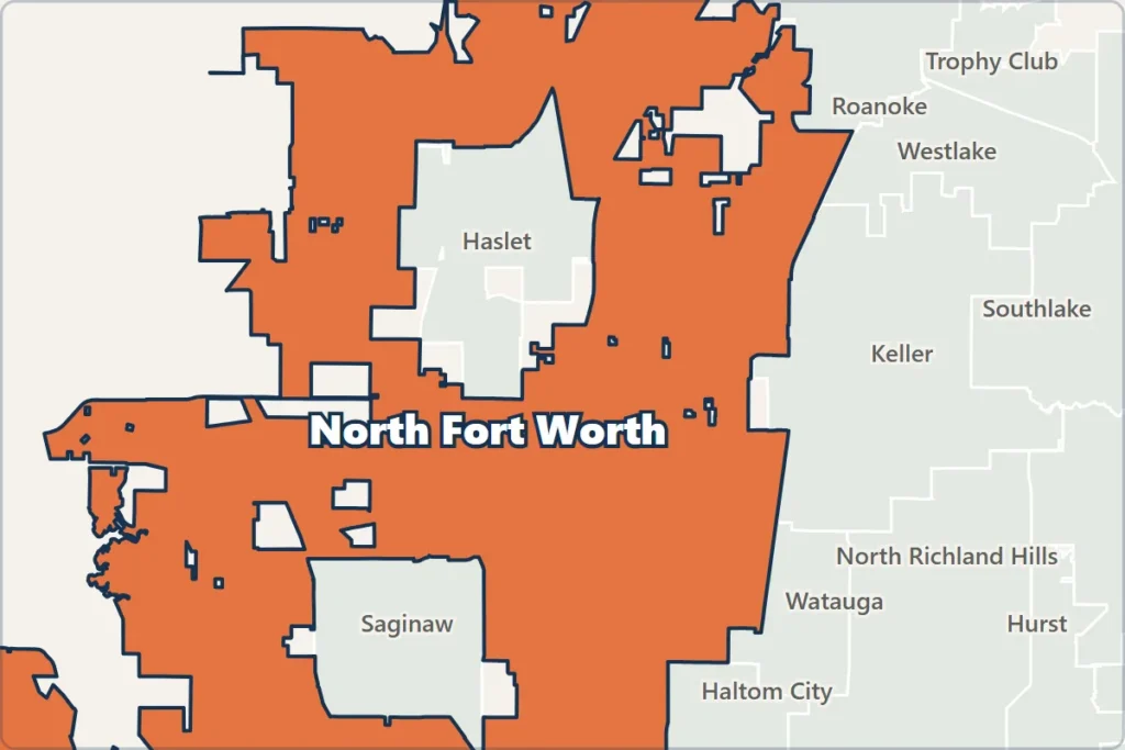 Map of north Fort Worth from Loop 820 to Alliance, with neighboring cities