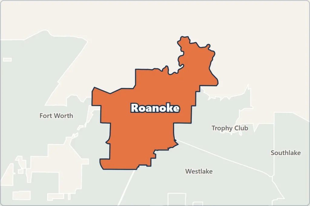 Map of Roanoke, Texas, and neighboring cities