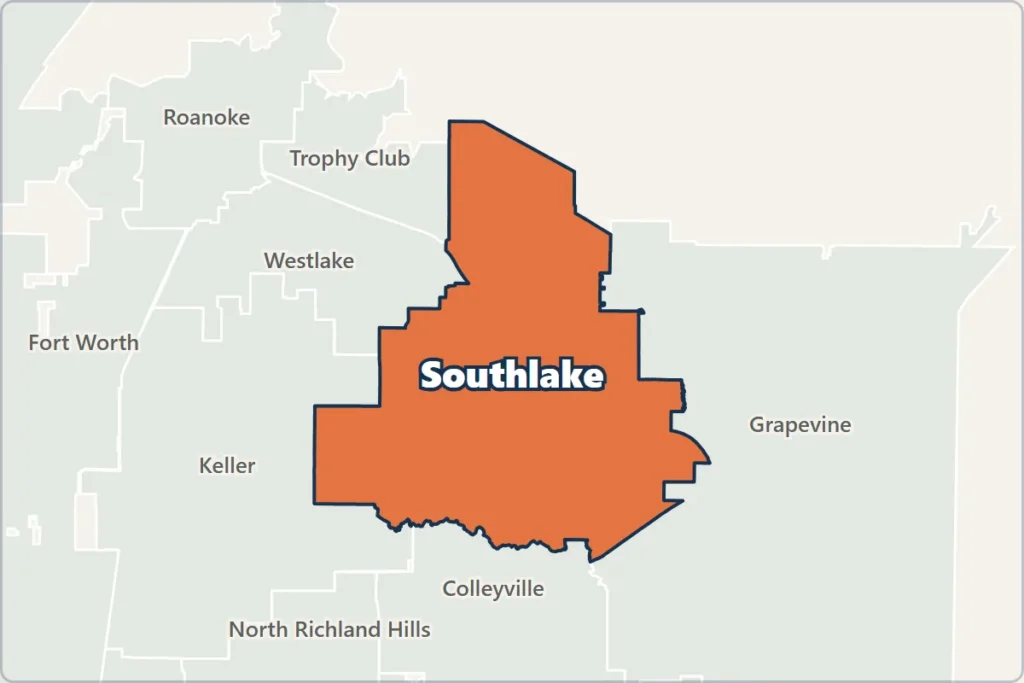 Map of Southlake, Texas, and neighboring cities